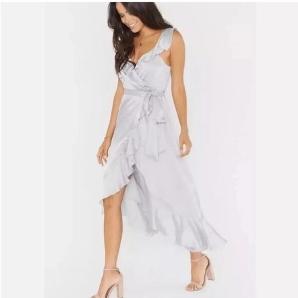 Show Me Your MuMu Samantha Ruffle Faux Wrap Dress in Ice Gray Satin XL - NWT - Picture 3 of 9